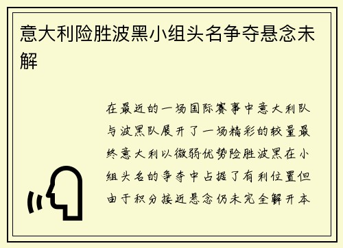 意大利险胜波黑小组头名争夺悬念未解