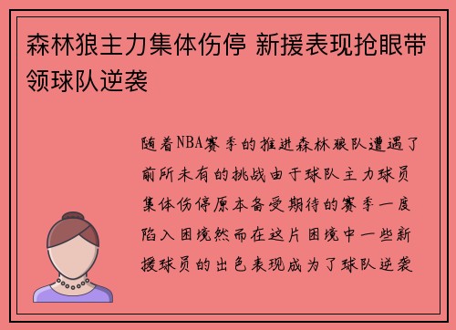 森林狼主力集体伤停 新援表现抢眼带领球队逆袭