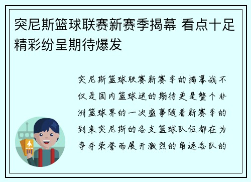 突尼斯篮球联赛新赛季揭幕 看点十足精彩纷呈期待爆发